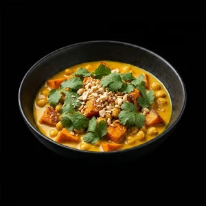 Bol noir de curry doré aux pois chiches et patate douce, coriandre fraîche